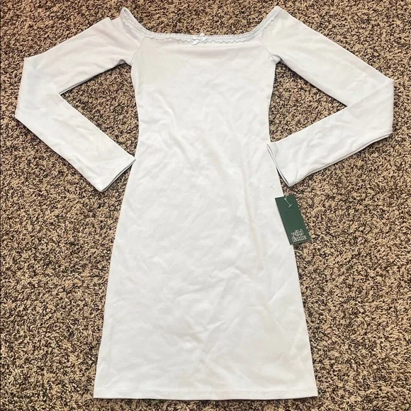 Wild Fable Off-Shoulder Blue Lace Bow Trim Long Sleeve Mini Dress Var Sizes NWT - Picture 2 of 10